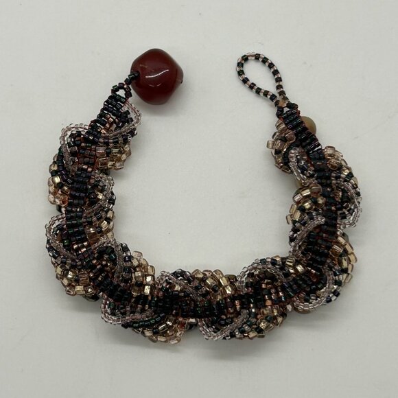 Vintage Woven Beaded Bracelet With Freshwater Pearls & Carnelian Bead Accent - Picture 8 of 14